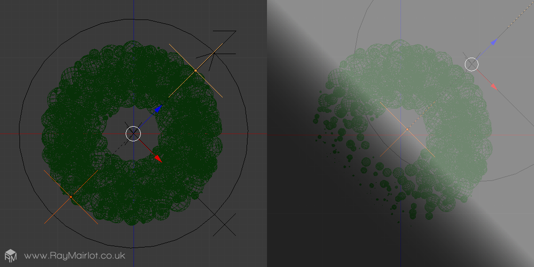 Two screenshots from within Blender 3D shown next to each other. On the left side is a doughnut shape made of spheres. Two empties at the doughnut's poles are selected. On the right is the same screenshot but one of the empties has been moved towards the other one and the spheres nearest the moved empty have got smaller - some so small that they have disappeared.